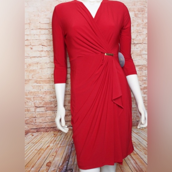 Emma & Michelle | Red Gathered Surplice Dress - Picture 1 of 13
